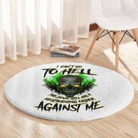Round carpet with green skull illustration and black graffiti-style wording