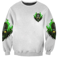 Gray unisex sweatshirt with green flame skull graphic on front, sleeve side skull art