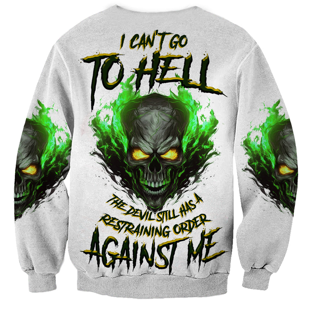 Gray unisex sweatshirt with green skull back graphic and black gothic text