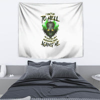 White skull graphic tapestry with green flames and stylized text, hanging on wall