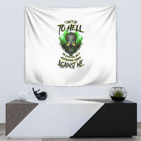 White skull graphic tapestry with green accents and bold black text, centered