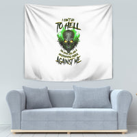 White skull graphic tapestry with green flames and black lettering, wall hanging