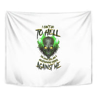 White skull graphic tapestry close view with green flames and black stylized text