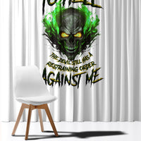 White window curtain with green skull eye graphic and black text, hanging panel