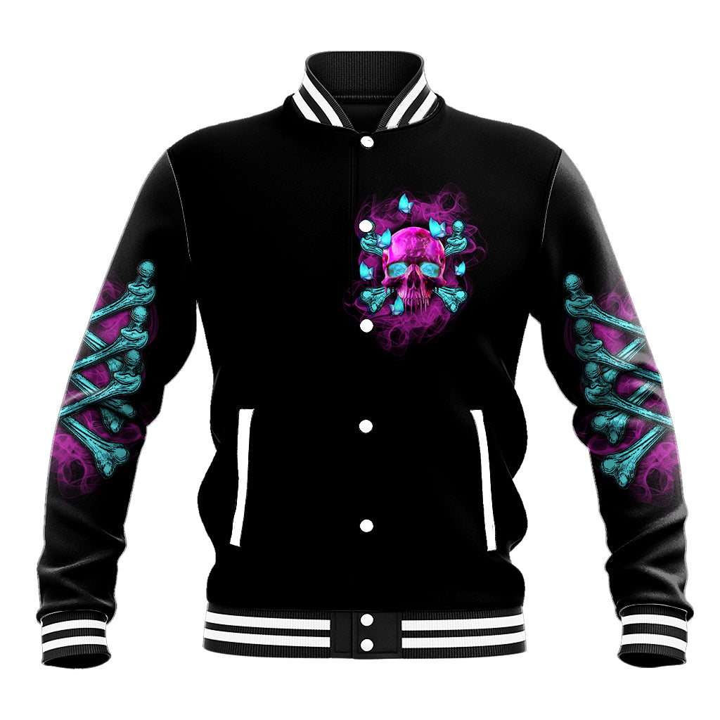 Black baseball jacket front with purple skull graphic, snap button placket, striped collar