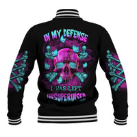 Black baseball jacket with purple skull graphic and green skeleton sleeve print, ribbed cuffs