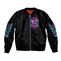 Black satin bomber jacket with zip front, neon skull graphic on chest, ribbed cuffs
