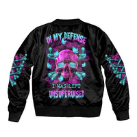 Black satin bomber jacket with ribbed collar and cuffs, neon graphic skull on back