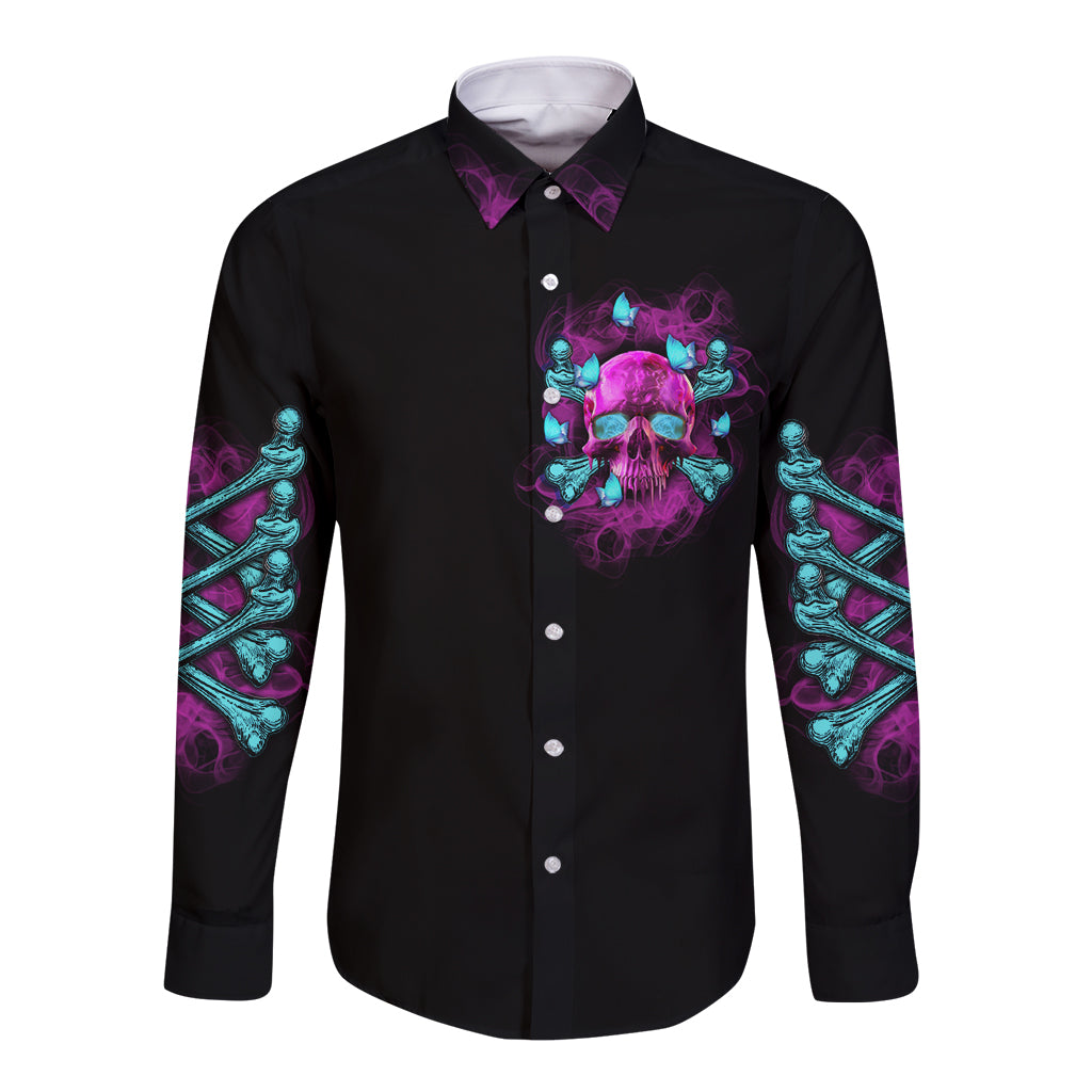 Black long-sleeve button shirt with front skull graphic and teal/purple sleeve prints