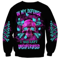 Black unisex sweatshirt with purple/teal skull graphic and UNSUPERVISED text