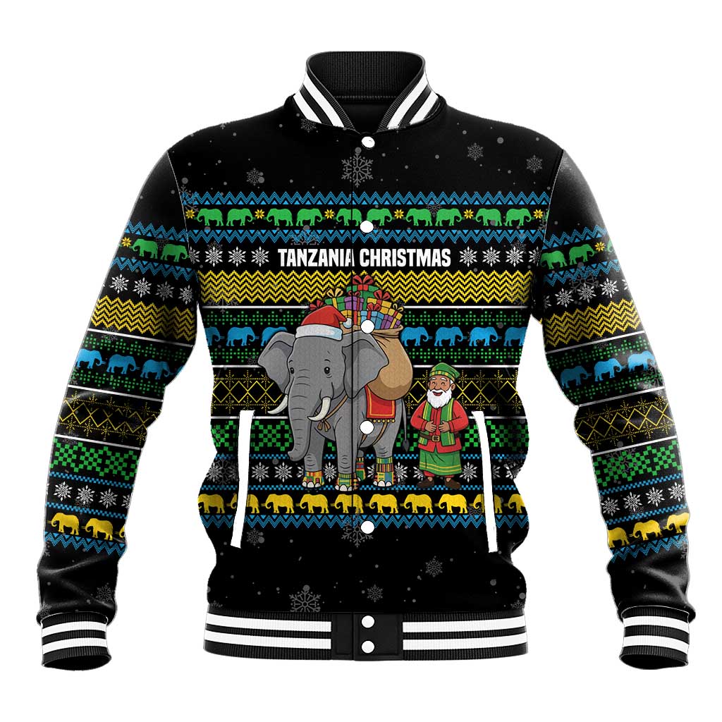 Tanzania Christmas Baseball Jacket with Santa Riding Elephant Snowflakes and Colorful African - Wonder Print Shop