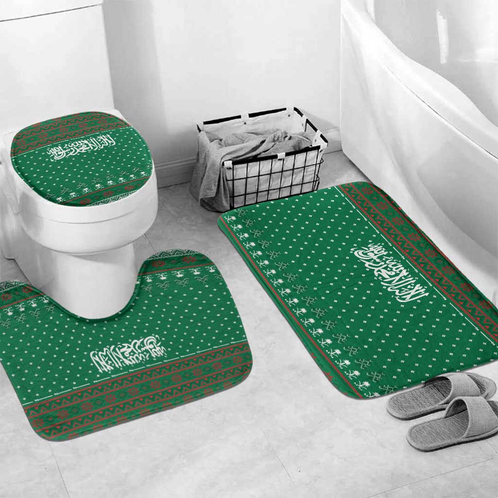 Saudi Arabia Christmas Bathroom Set with Green Pattern, Traditional Script Motif, and Camel Caravan Silhouette - Wonder Print Shop
