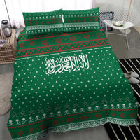 Saudi Arabia Christmas Bedding Set with Green Pattern, Traditional Script Motif, and Camel Caravan Silhouette - Wonder Print Shop