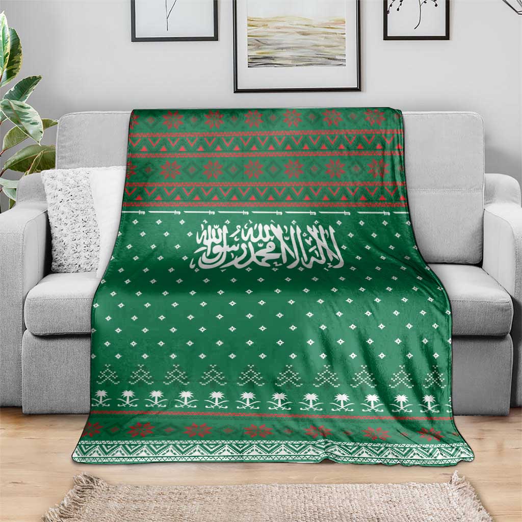 Saudi Arabia Christmas Blanket with Green Pattern, Traditional Script Motif, and Camel Caravan Silhouette - Wonder Print Shop
