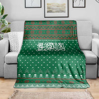 Saudi Arabia Christmas Blanket with Green Pattern, Traditional Script Motif, and Camel Caravan Silhouette - Wonder Print Shop