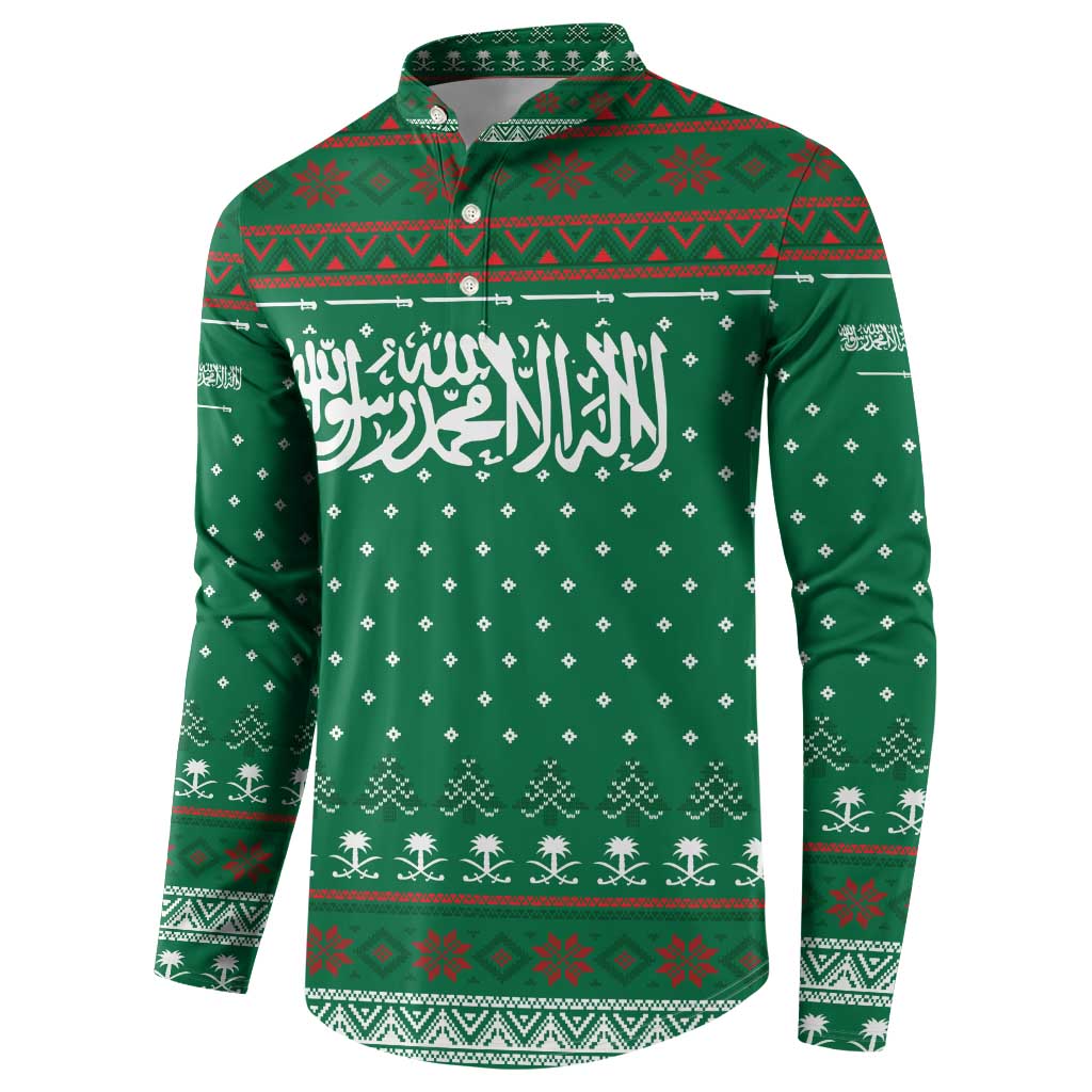 Saudi Arabia Christmas Button Sweatshirt with Green Pattern, Traditional Script Motif, and Camel Caravan Silhouette - Wonder Print Shop