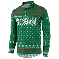 Saudi Arabia Christmas Button Sweatshirt with Green Pattern, Traditional Script Motif, and Camel Caravan Silhouette - Wonder Print Shop