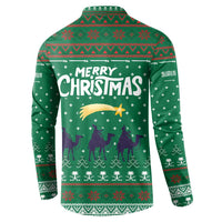 Saudi Arabia Christmas Button Sweatshirt with Green Pattern, Traditional Script Motif, and Camel Caravan Silhouette - Wonder Print Shop