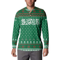 Saudi Arabia Christmas Button Sweatshirt with Green Pattern, Traditional Script Motif, and Camel Caravan Silhouette - Wonder Print Shop