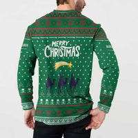 Saudi Arabia Christmas Button Sweatshirt with Green Pattern, Traditional Script Motif, and Camel Caravan Silhouette - Wonder Print Shop