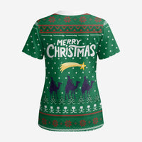 Saudi Arabia Christmas Scrub Top with Green Pattern, Traditional Script Motif, and Camel Caravan Silhouette - Wonder Print Shop