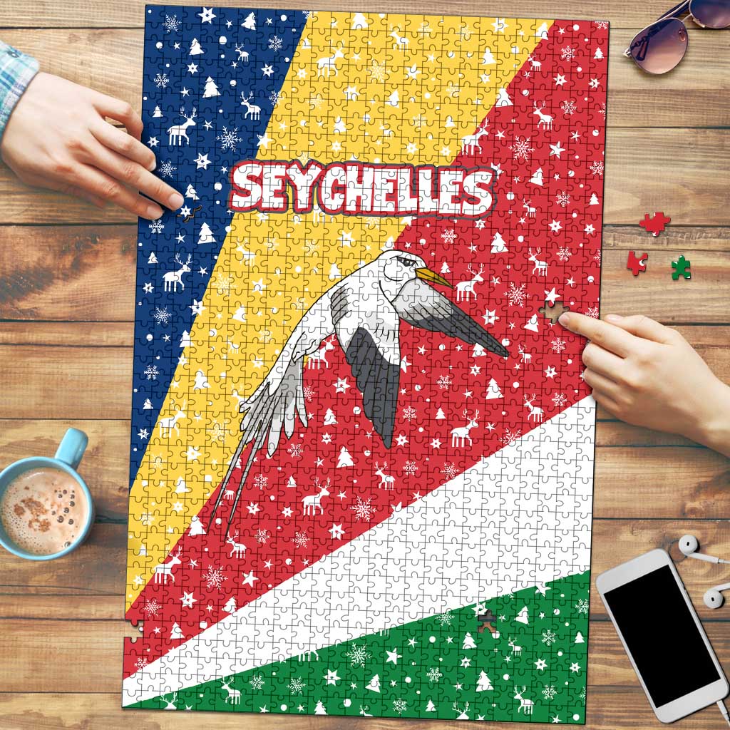 Seychelles Christmas Puzzle with Flag Colors Pattern, Tropical Bird Motif, and National Coat of Arms - Wonder Print Shop