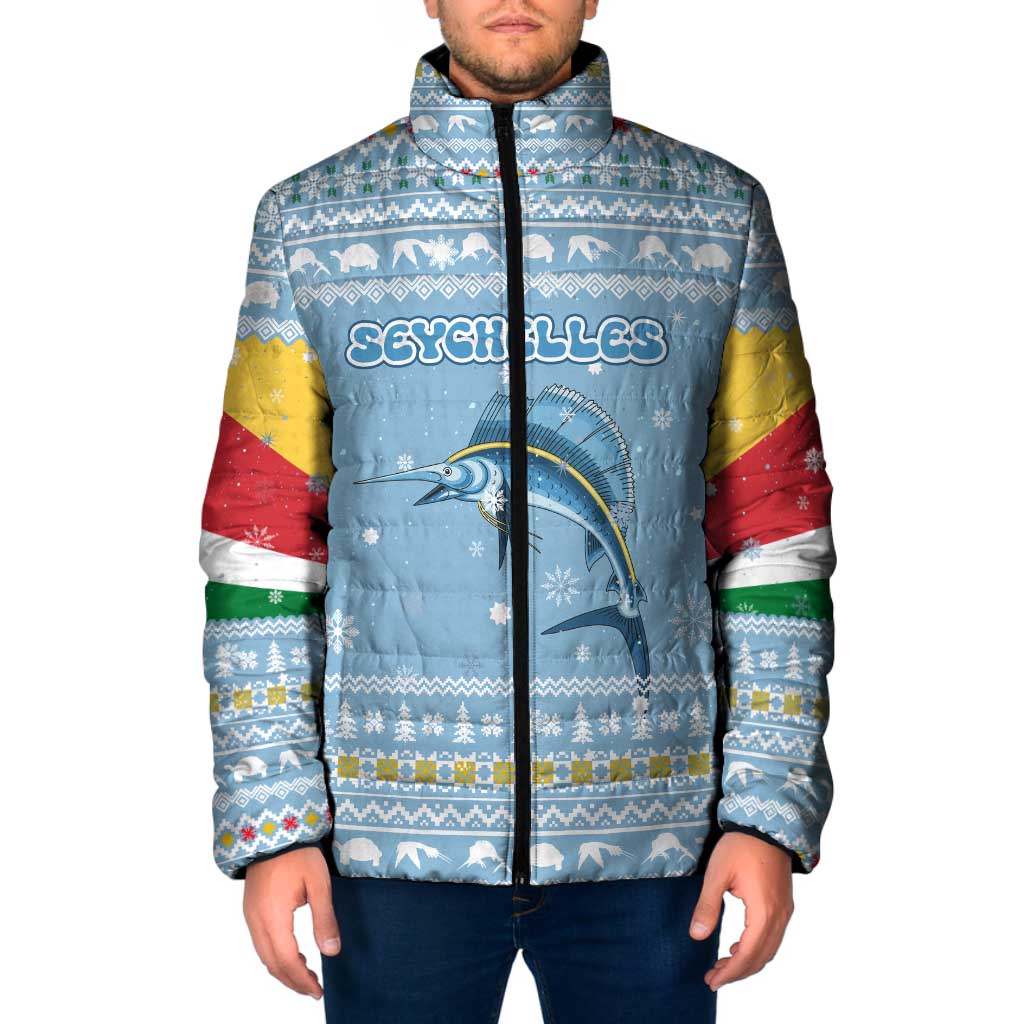 Seychelles Christmas Padded Jacket with Ocean Blue Pattern, Marlin Fish Artwork, and Surfing Santa Motif - Wonder Print Shop