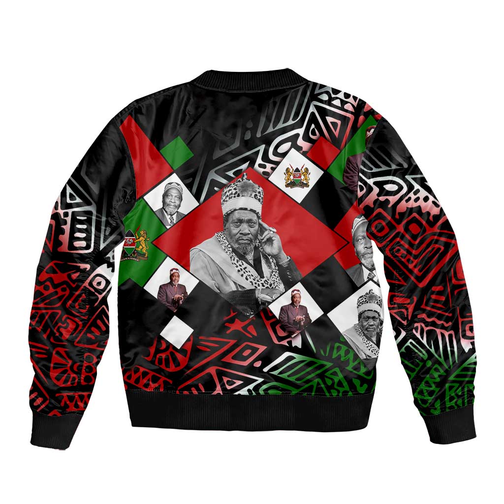 Jomo Kenyatta Bomber Jacket with Roots Resistance Renaissance and Kenyan Patchwork Pattern Tribute - Wonder Print Shop
