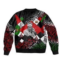 Jomo Kenyatta Bomber Jacket with Roots Resistance Renaissance and Kenyan Patchwork Pattern Tribute - Wonder Print Shop