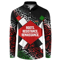 Jomo Kenyatta Button Sweatshirt with Roots Resistance Renaissance and Kenyan Patchwork Pattern Tribute