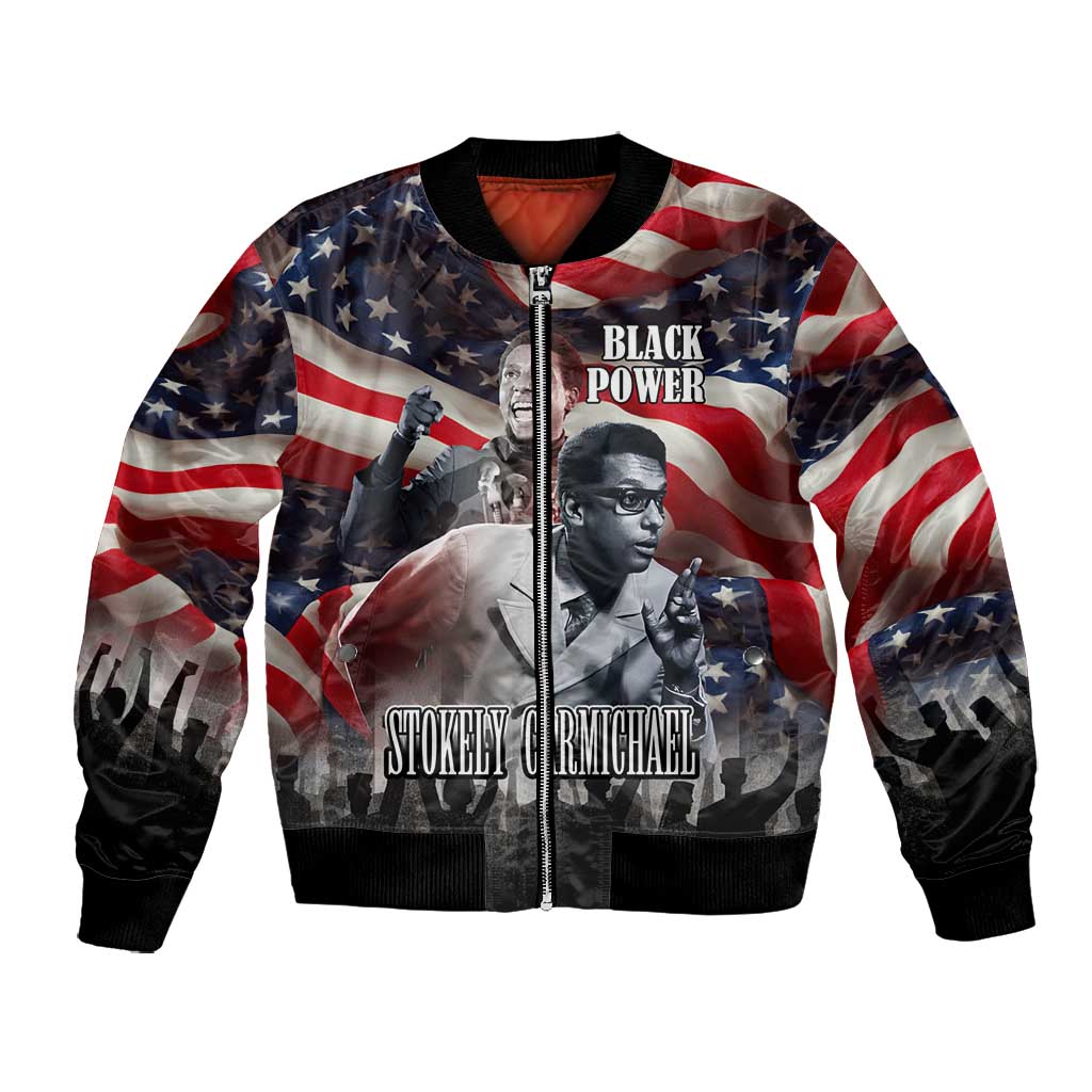 Stokely Carmichael Bomber Jacket American Flag Background Black Power Quote Civil Rights Leader Powerful Speech - Wonder Print Shop