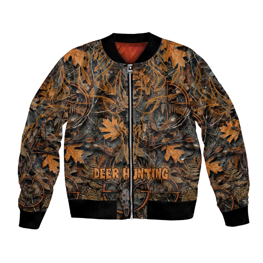 Deer Hunting Skull Bomber Jacket Autumn Leaves Rustic Brown and Orange Tones