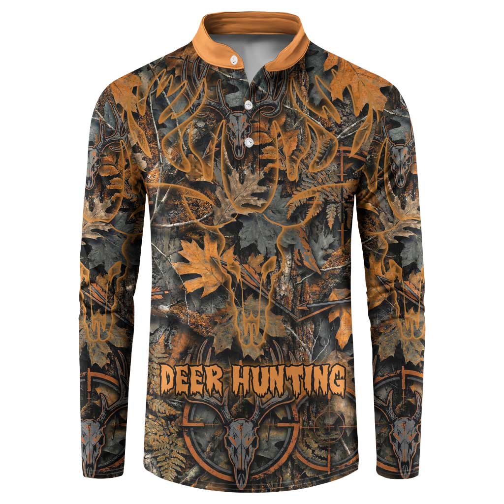 Deer Hunting Skull Button Sweatshirt Autumn Leaves Rustic Brown and Orange Tones