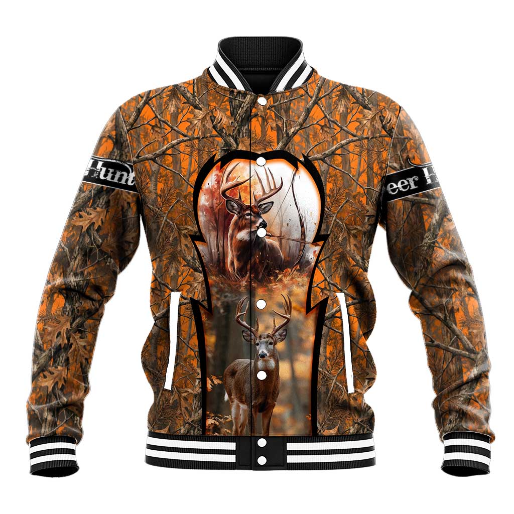 Personalized Deer Hunter Baseball Jacket Antler Outline and Autumn Camouflage Hunting