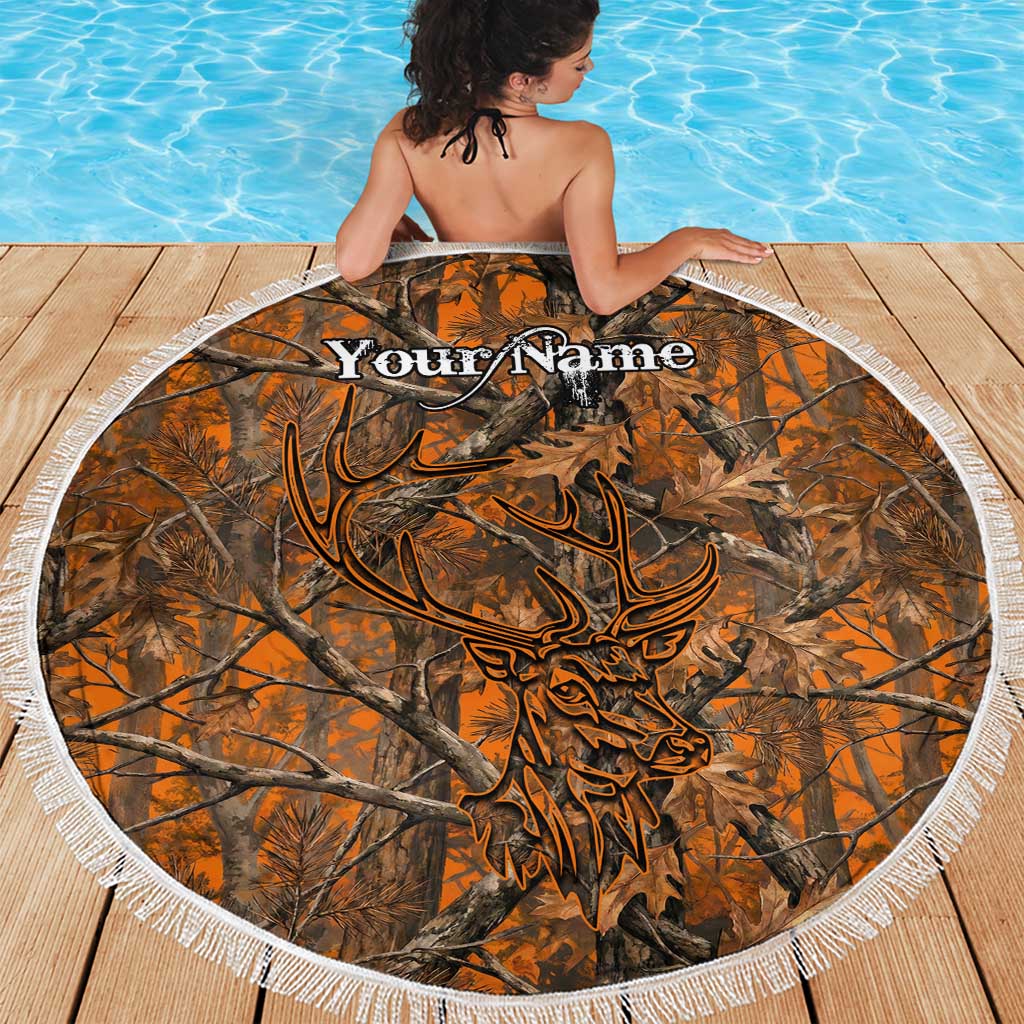 Personalized Deer Hunter Beach Blanket Antler Outline and Autumn Camouflage Hunting