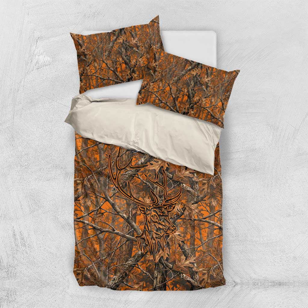 Personalized Deer Hunter Bedding Set Antler Outline and Autumn Camouflage Hunting