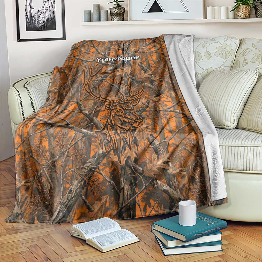Personalized Deer Hunter Blanket Antler Outline and Autumn Camouflage Hunting