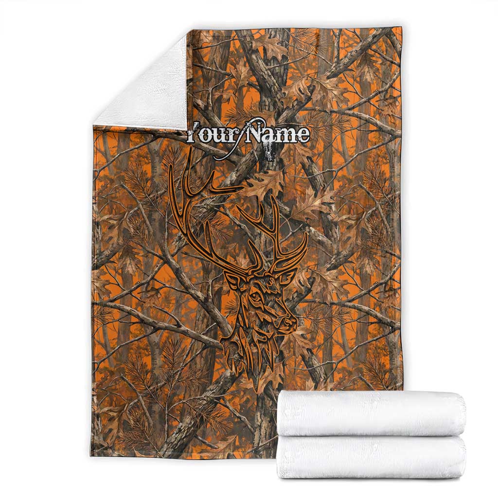 Personalized Deer Hunter Blanket Antler Outline and Autumn Camouflage Hunting