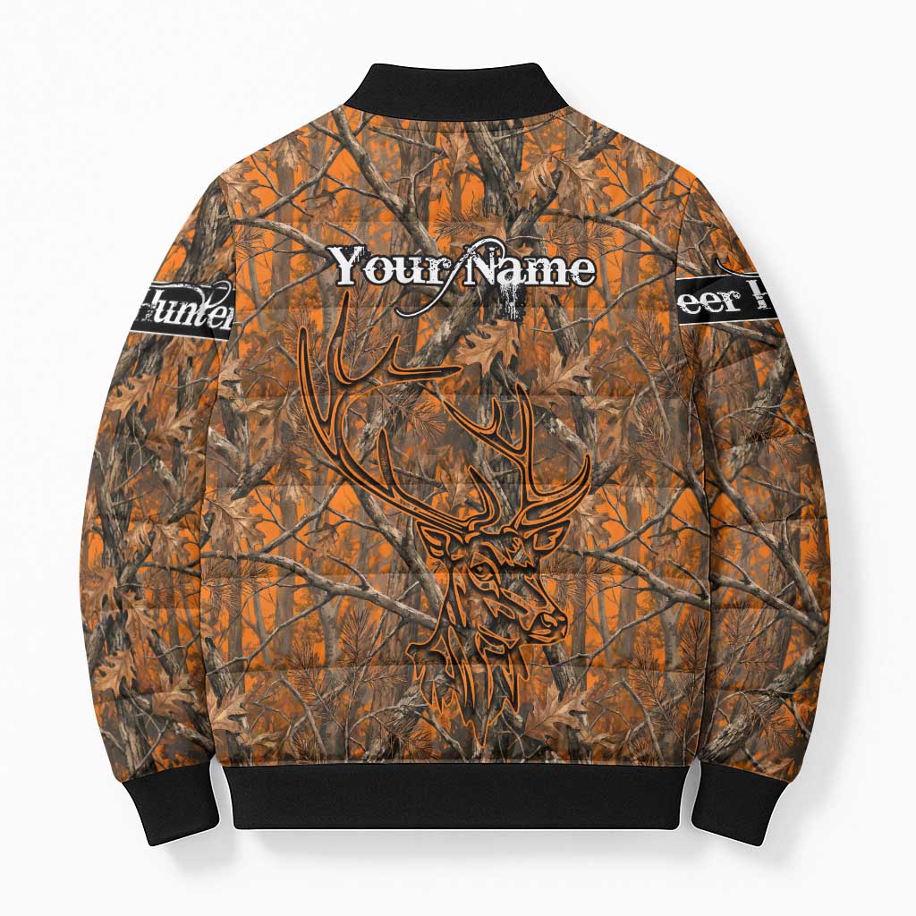 Personalized Deer Hunter Bomber Puffer Jacket Antler Outline and Autumn Camouflage Hunting