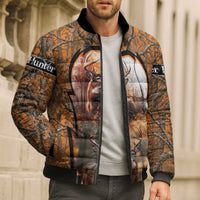 Personalized Deer Hunter Bomber Puffer Jacket Antler Outline and Autumn Camouflage Hunting