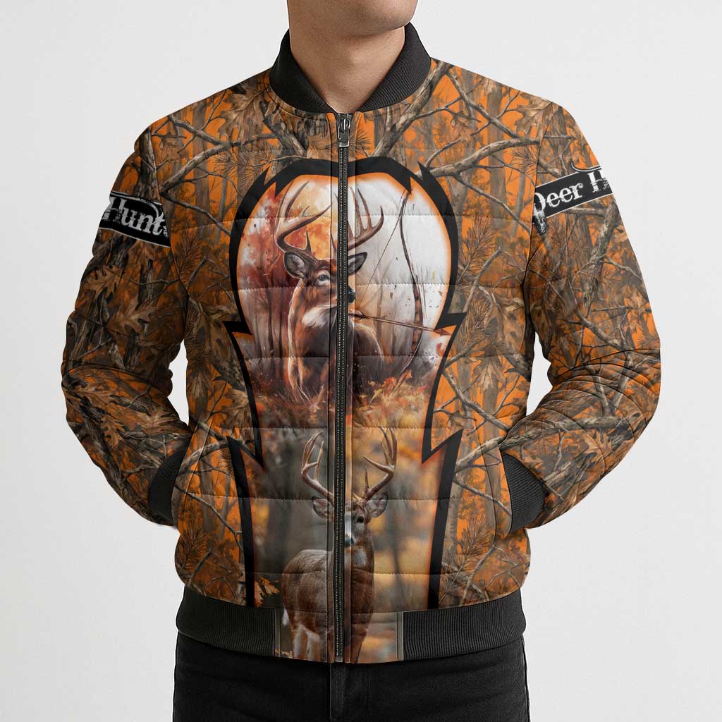 Personalized Deer Hunter Bomber Puffer Jacket Antler Outline and Autumn Camouflage Hunting