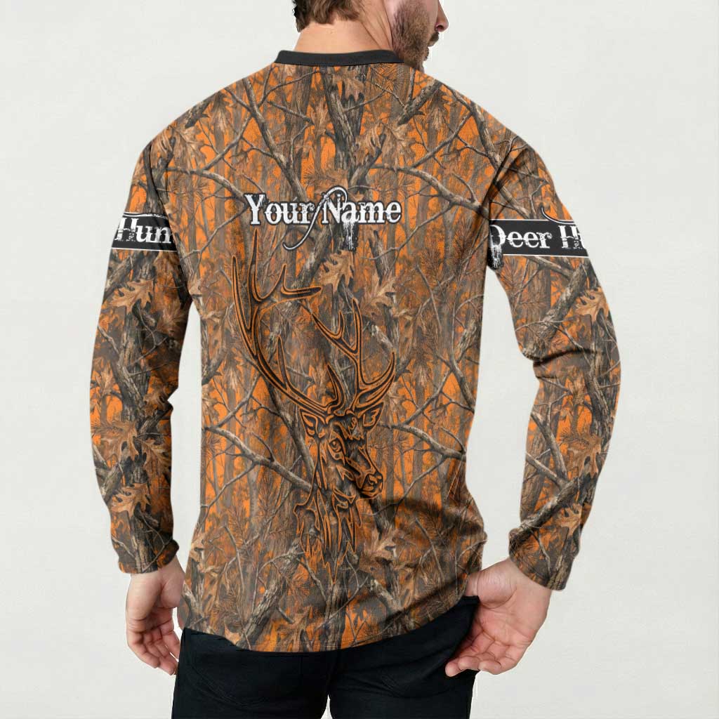 Personalized Deer Hunter Button Sweatshirt Antler Outline and Autumn Camouflage Hunting