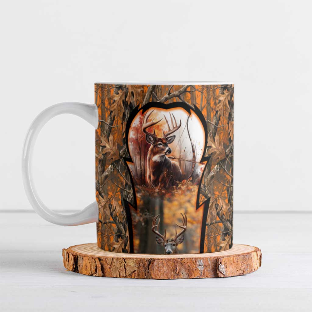Personalized Deer Hunter Ceramic Mug Antler Outline and Autumn Camouflage Hunting
