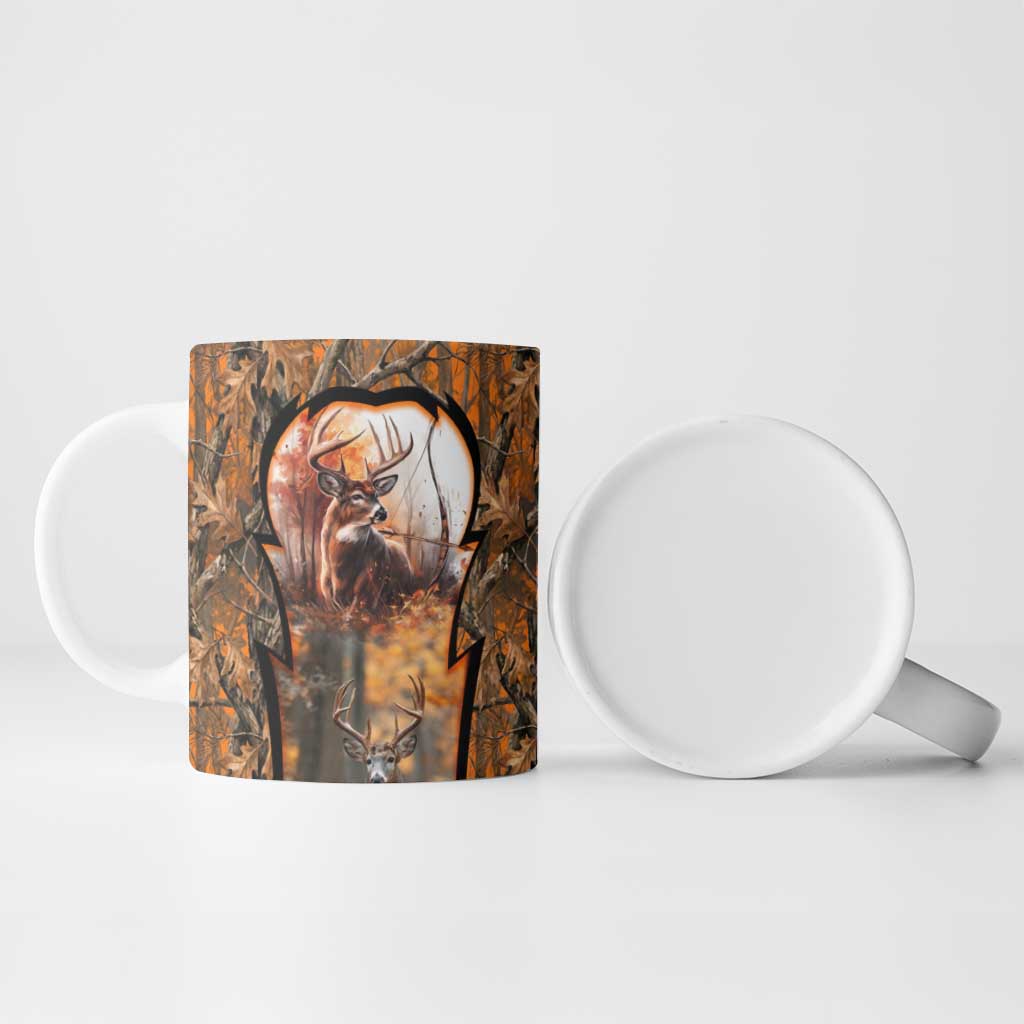 Personalized Deer Hunter Ceramic Mug Antler Outline and Autumn Camouflage Hunting