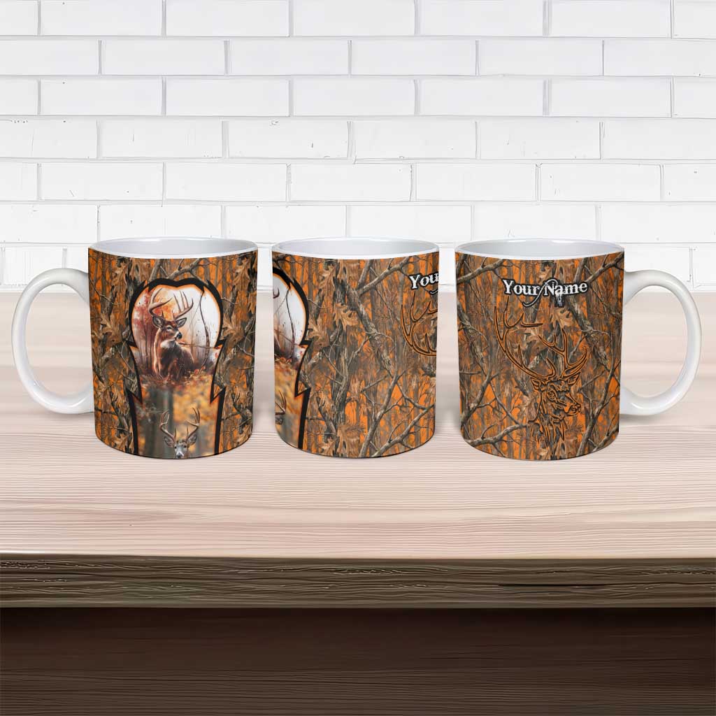 Personalized Deer Hunter Ceramic Mug Antler Outline and Autumn Camouflage Hunting
