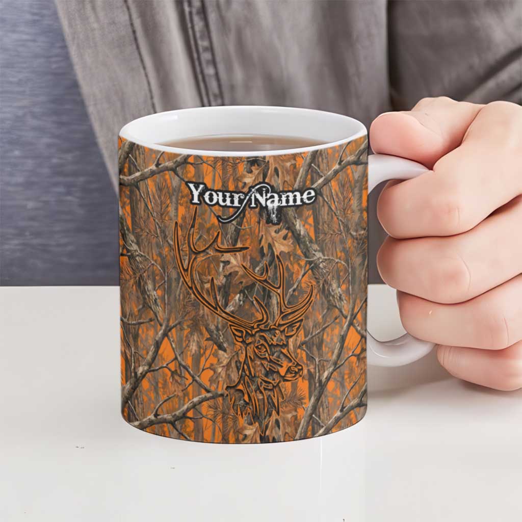 Personalized Deer Hunter Ceramic Mug Antler Outline and Autumn Camouflage Hunting