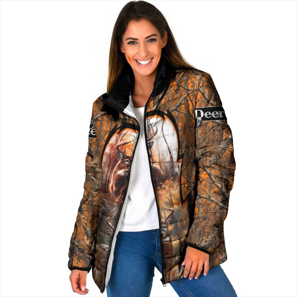 Personalized Deer Hunter Padded Jacket Antler Outline and Autumn Camouflage Hunting