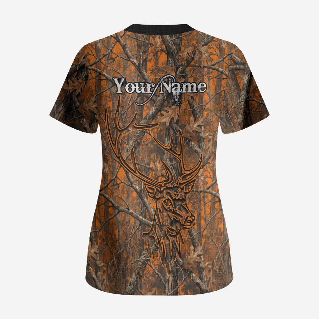 Personalized Deer Hunter Scrub Top Antler Outline and Autumn Camouflage Hunting