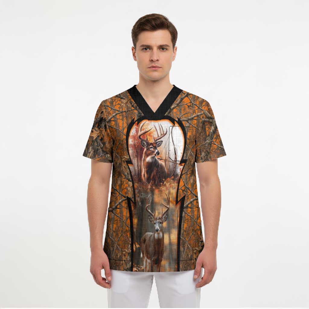 Personalized Deer Hunter Scrub Top Antler Outline and Autumn Camouflage Hunting