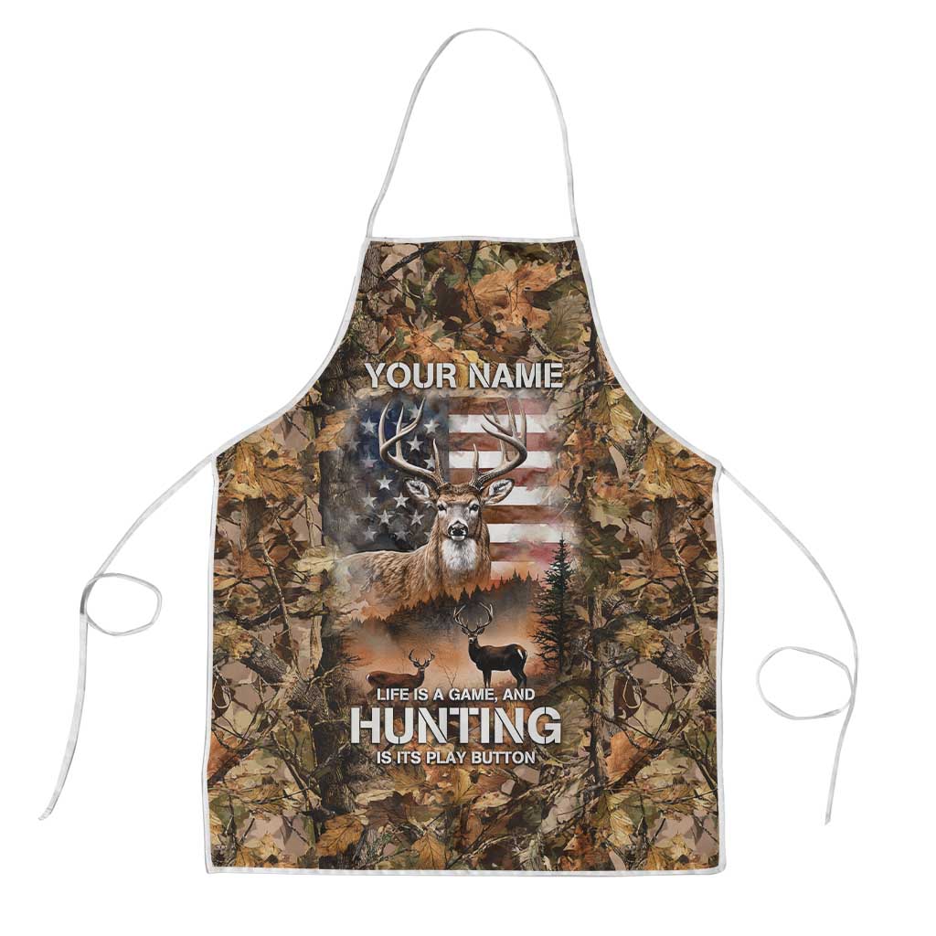 Personalized Buck Deer Hunting Apron American Flag Sunset Forest in Camouflage